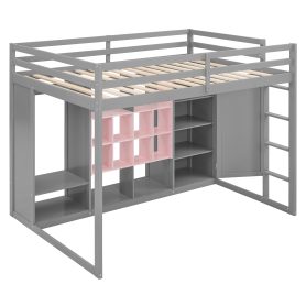 Full Size Wood Loft Bed with Wardrobe, Shelves and Cabinet