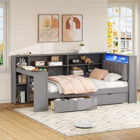 Wood Twin Size Platform Bed with Storage Shelves, Drawers, Charging Station, LED, Desk and Upholstered Headboard