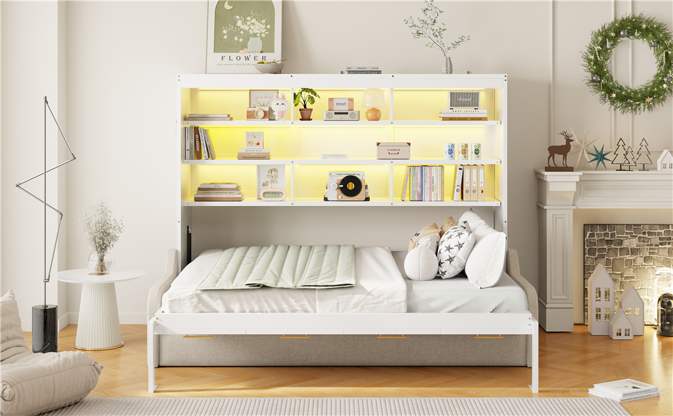 Full Size Murphy Cabinet Bed with Folding Sofa,Built-in Storage Shelves and LED Light 8 Full Size Murphy Cabinet Bed with Folding Sofa,Built-in Storage Shelves and LED Light