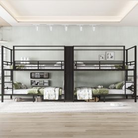 Queen Size Quadruple Metal Bunk Bed With Built-in Storage Shelves & Wardrobe