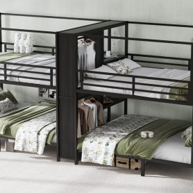 Queen Size Quadruple Metal Bunk Bed With Built-in Storage Shelves & Wardrobe