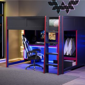 Wood Full Size Gaming Loft Bed With Built-in Desk, Wardrobe, Led And A Drawer