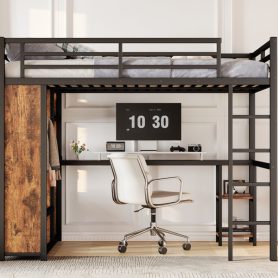 Metal Queen Size Loft Bed Frame with Built-in Wardrobe,  Desk and Storage Shelves