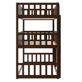 Twin Size Triple Rubber Wood Bunk Bed, with Ladders and Guardrails