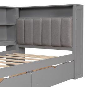 Wood Twin Size Platform Bed with Storage Shelves, Drawers, Charging Station, LED, Desk and Upholstered Headboard