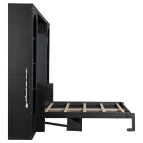 Queen Size Murphy Platform Bed with Shelf, Side Cabinets, Drawers and LED