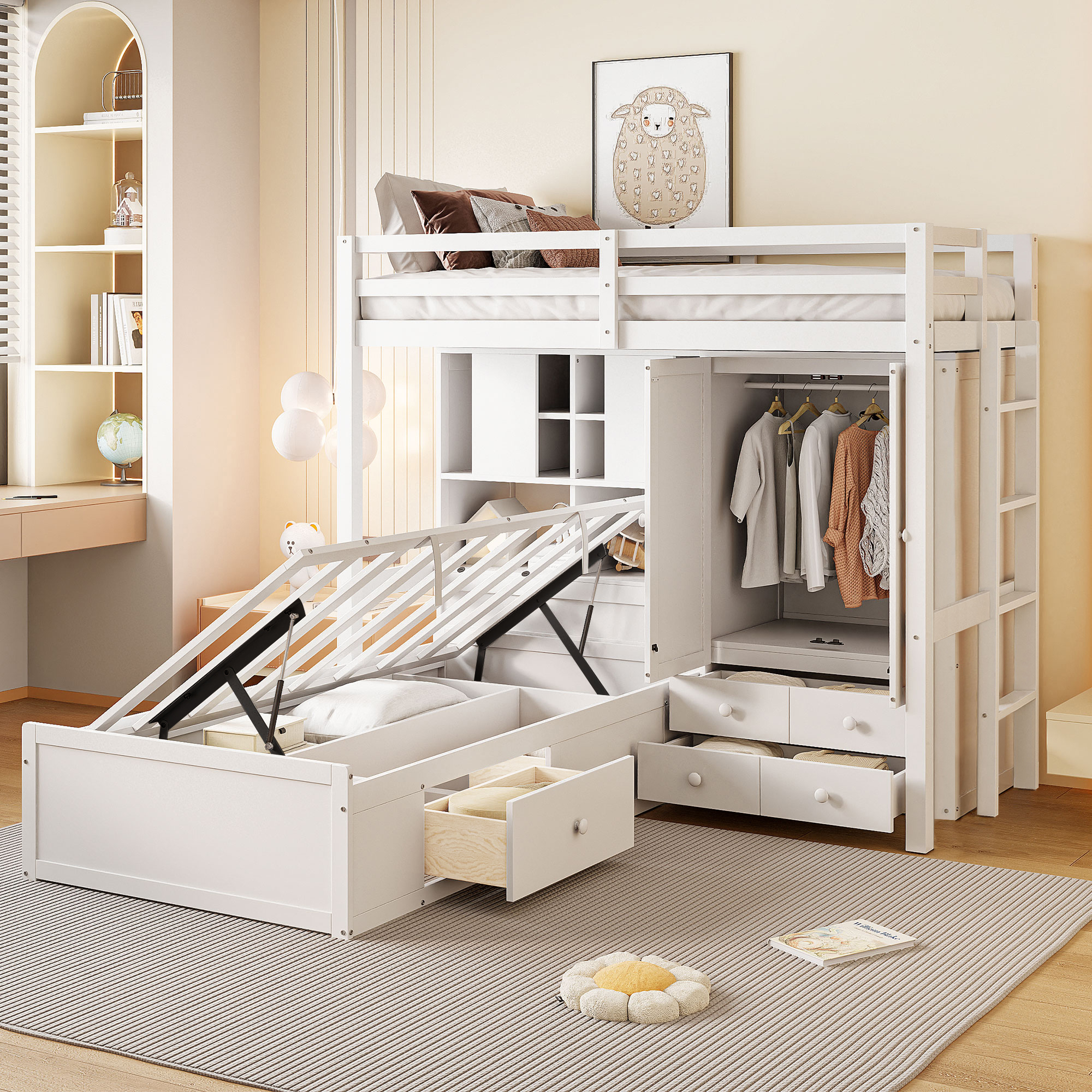Assembly Instruction For LT000666AAK-1 4 Twin Bunk Bed with Drawers, Wardrobe, Storage Shelves and Hydraulic Bed