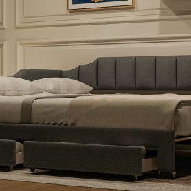 Twin XL Size Extendable Upholstered Daybed with Two Storage Drawers and LED Light