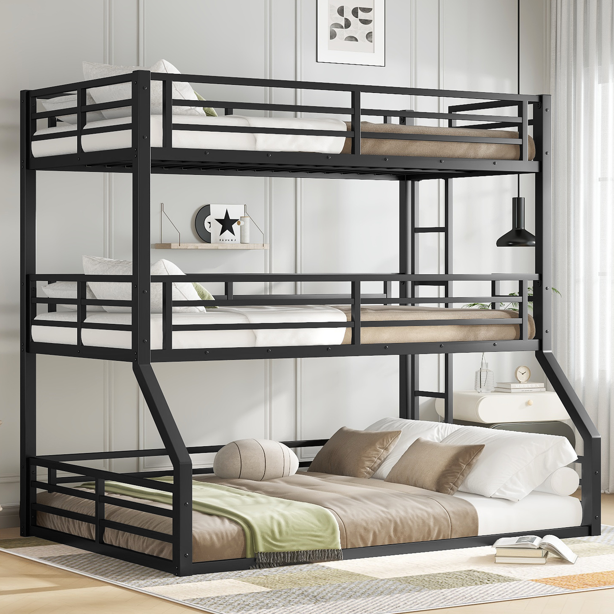 Metal Twin Over Twin Over Full Bunk Bed With Safety Guardrails