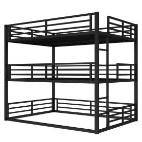 Metal Queen Over Queen Over Queen Bunk Bed With Safety Guardrails