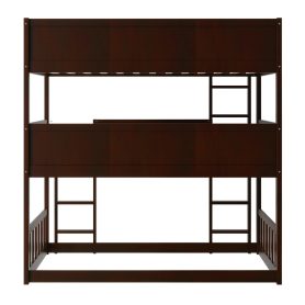 Twin Size Triple Rubber Wood Bunk Bed, with Ladders and Guardrails