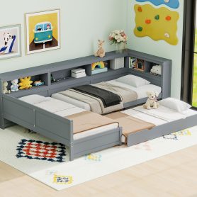 Wood Twin Size L-shaped Platform Bed with Trundle and a Drawer