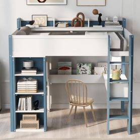 Full Size Wood Loft Bed With Built-in Storage Shelves, Clothes Rails And Desk
