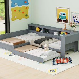 Wood Twin Size L-shaped Platform Bed with Trundle and a Drawer