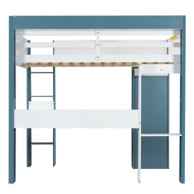 Full Size Wood Loft Bed With Built-in Storage Shelves, Clothes Rails And Desk