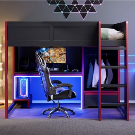 Wood Full Size Gaming Loft Bed With Built-in Desk, Wardrobe, Led And A Drawer