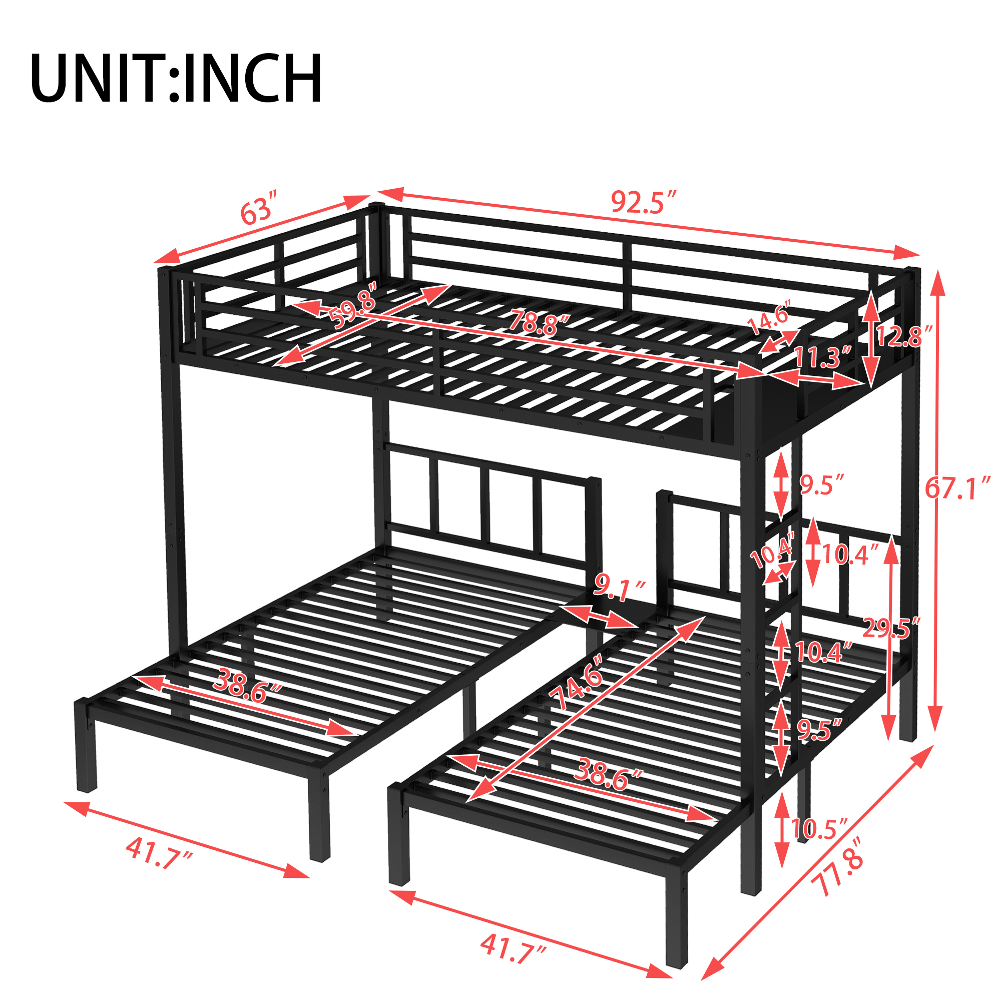 Twin XL over Twin & Twin Bunk Bed Metal Triple Bunk Bed 5 Twin XL over Twin & Twin Bunk Bed Metal Triple Bunk Bed