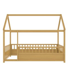 Twin Size Wooden Floor Bed with House Roof Frame and Fence Guardrails 18 Twin Size Wooden Floor Bed with House Roof Frame and Fence Guardrails