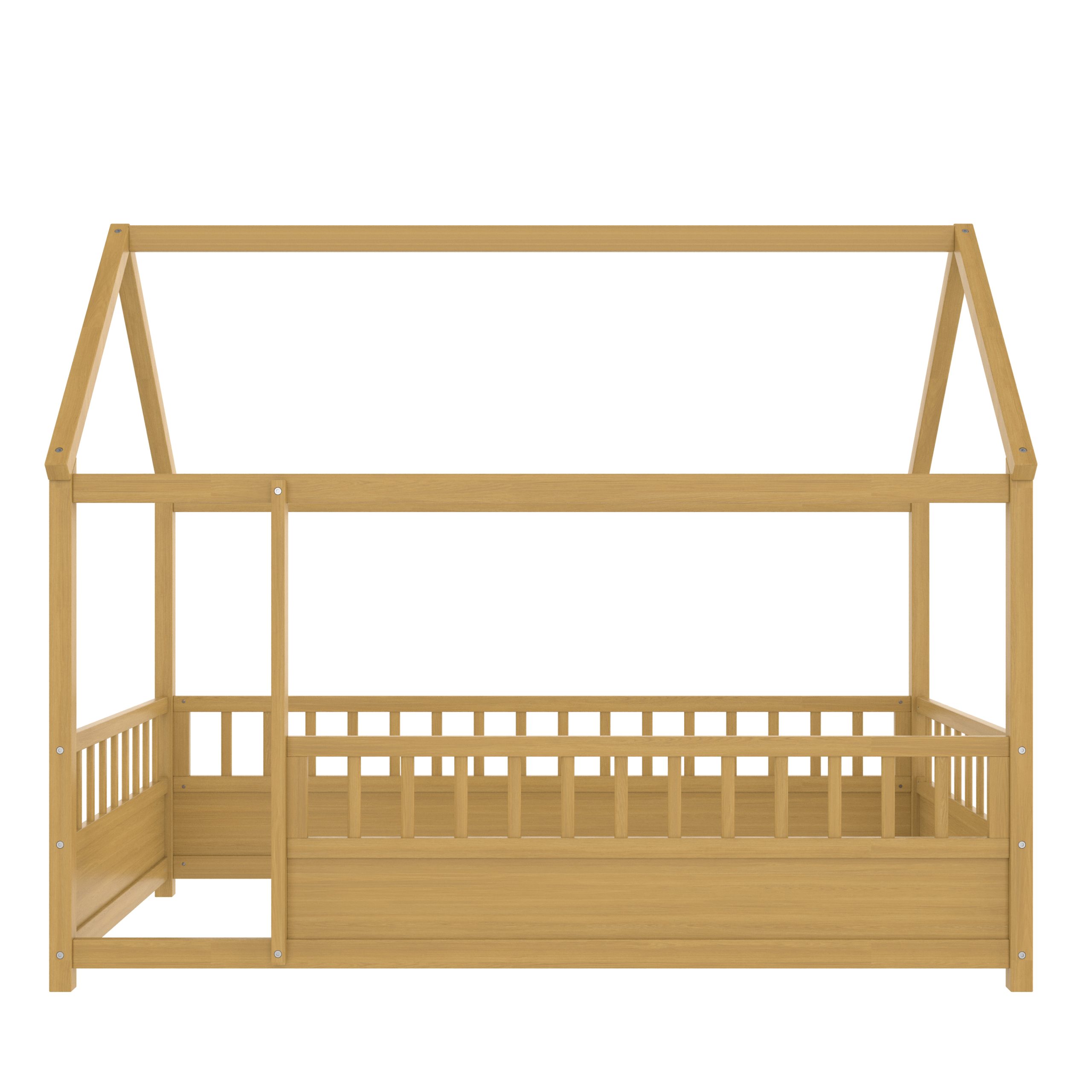 Twin Size Wooden Floor Bed with House Roof Frame and Fence Guardrails 9 Twin Size Wooden Floor Bed with House Roof Frame and Fence Guardrails