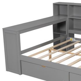 Wood Full Size Platform Bed with Storage Shelves, Drawers, Charging Station, LED, Desk and Upholstered Headboard