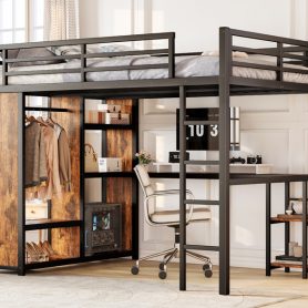 Metal Queen Size Loft Bed Frame with Built-in Wardrobe,  Desk and Storage Shelves