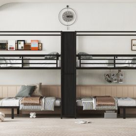 Twin Size Quadruple Metal Bunk Bed With Built-in Storage Shelves & Wardrobe 34 Twin Size Quadruple Metal Bunk Bed With Built-in Storage Shelves & Wardrobe