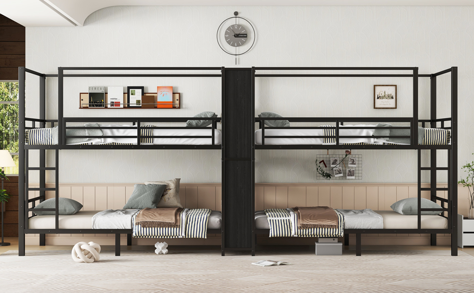 Twin Size Quadruple Metal Bunk Bed With Built-in Storage Shelves & Wardrobe 17 Twin Size Quadruple Metal Bunk Bed With Built-in Storage Shelves & Wardrobe