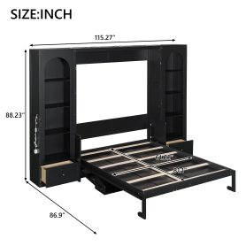 Queen Size Murphy Platform Bed with Shelf, Side Cabinets, Drawers and LED