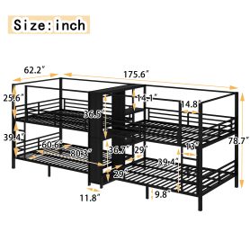 Queen Size Quadruple Metal Bunk Bed With Built-in Storage Shelves & Wardrobe