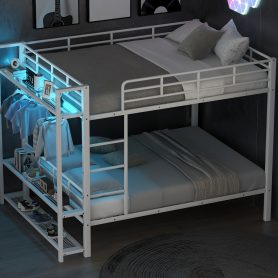 Full Size Metal Bunk Bed With Storage Mesh Shelves, Clothes Hooks And LED Light