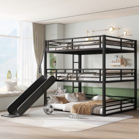 Metal Queen Over Queen Over Queen Bunk Bed With Slide, and Safety Guardrails