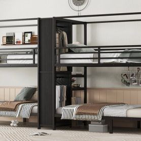 Twin Size Quadruple Metal Bunk Bed With Built-in Storage Shelves & Wardrobe 35 Twin Size Quadruple Metal Bunk Bed With Built-in Storage Shelves & Wardrobe