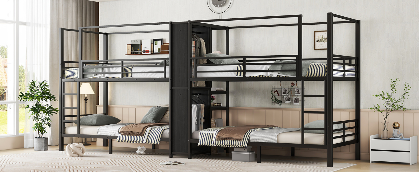 Twin Size Quadruple Metal Bunk Bed With Built-in Storage Shelves & Wardrobe 18 Twin Size Quadruple Metal Bunk Bed With Built-in Storage Shelves & Wardrobe