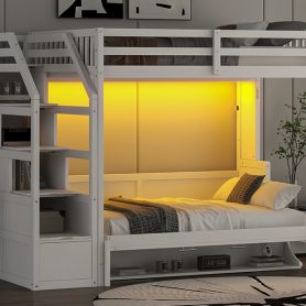 Full Xl Size Loft Bed With Storage Staircase And Full Size Murphy Bed With LED Light
