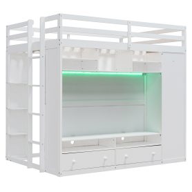 Full Size Loft Bed With Drawers, Shelves And Light
