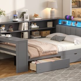 Wood Full Size Platform Bed with Storage Shelves, Drawers, Charging Station, LED, Desk and Upholstered Headboard
