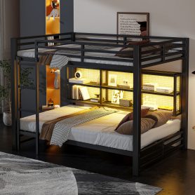 Metal Queen Over Queen Bunk Bed With Storage Cabinets And LED