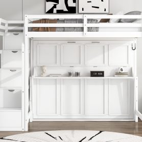 Full Xl Size Loft Bed With Storage Staircase And Full Size Murphy Bed With LED Light