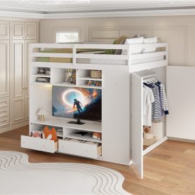 Full Size Loft Bed With Drawers, Shelves And Light