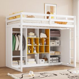 Twin Size Wood Loft Bed With Wardrobe, Shelves And  Cabinet