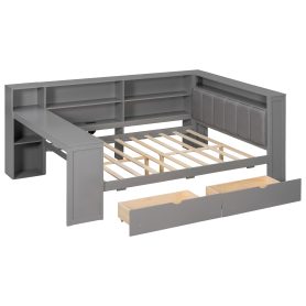 Wood Full Size Platform Bed with Storage Shelves, Drawers, Charging Station, LED, Desk and Upholstered Headboard
