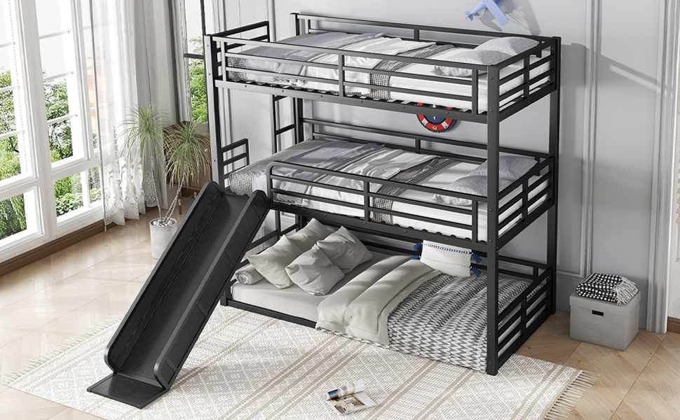 Metal Twin Xl Over Twin Xl Over Twin Xl Bunk Bed With Slide, and Safety Guardrails 16 Metal Twin Xl Over Twin Xl Over Twin Xl Bunk Bed With Slide, and Safety Guardrails