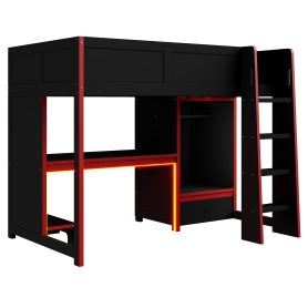 Wood Twin Size Gaming Loft Bed with Built-in Desk, Wardrobe, LED and a Drawer