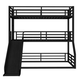 Metal Twin Over Twin Over Full Bunk Bed With Slide and Safety Guardrails