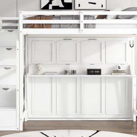 Full Xl Size Loft Bed With Storage Staircase And Full Size Murphy Bed With LED Light