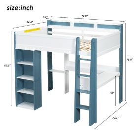 Full Size Wood Loft Bed With Built-in Storage Shelves, Clothes Rails And Desk