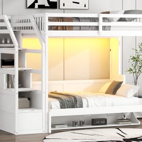Full Xl Size Loft Bed With Storage Staircase And Full Size Murphy Bed With LED Light