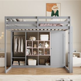 Full Size Wood Loft Bed with Wardrobe, Shelves and Cabinet