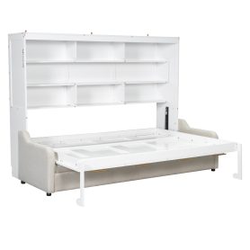 Queen Size Murphy Cabinet Bed with Folding Sofa,Built-in Storage Shelves and LED Light