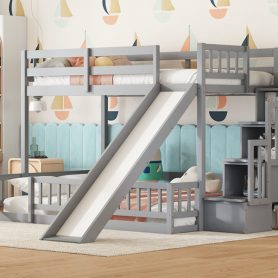 Twin Over Full Bunk Bed with Slide, Storage Staircase and Guardrails 52 Twin Over Full Bunk Bed with Slide, Storage Staircase and Guardrails